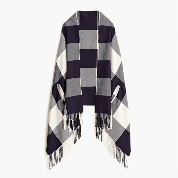 J Crew Large Preppy Plaid Cape-scarf with Arm-wholes in Blue Navy Ivory Holiday - Picture 1 of 4